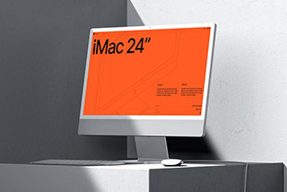 16款工业风混凝土背景苹果iMac 24寸一体机电脑屏幕演示样机PSD下载