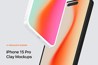 21款时尚陶瓷苹果iPhone 15 Pro屏幕演示贴图PSD样机模板 iPhone 15 Pro – 21 Clay Mockups Scenes