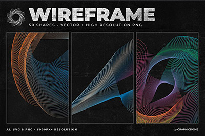 50款3D几何网格线框编织扭曲波浪抽象艺术背景底纹AI矢量设计素材 50 Wireframe Vector & PNG Shapes