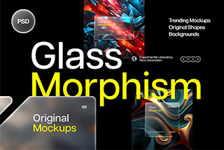 12款未来科幻半透明磨砂亚克力毛玻璃卡片PS特效样机模板 Glass Morphism Frosted Mockups