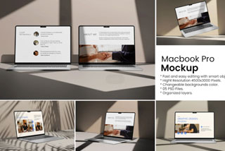 5款时尚光影苹果MacBook Pro笔记本电脑屏幕演示效果图PSD样机模板 Macbook Mockup