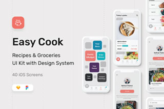 40+屏美食食谱烹饪教学课程APP界面设计模板UI套件Sketch 和 Figma下载 EasyCook Recipes & Groceries UI Kit