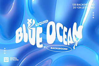 165款蓝色3D液体流体海洋波浪元素背景Y2K涂鸦抽象文字图片设计素材 Ocean Blue | Background