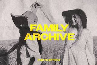 复古黑白噪点做旧家庭老照片效果人像图片修图PS特效样机模板PSD一键替换 Family Archive Photo Effect