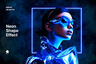 未来科幻赛博朋克风蓝色方框装饰人像图片修图PS滤镜照片特效样机模板 Blue Shape Neon Effect