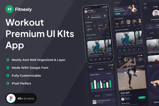40+屏健身锻炼体育运动跑步数据统计APP界面设计Figma模板套件 Fitnesly – Workout Premium UI KIts App