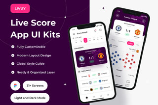 31+足球篮球比赛俱乐部体育赛事在线直播APP界面设计Figma模板套件 LIVUY – Live Score App UI Kit