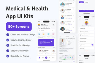 80+屏医疗与健康应用程序APP软件界面设计Figma模板Ui套件 Medical & Health App Ui Kits