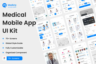 70+屏医疗健康医院在线就诊挂号买药APP软件界面设计Figma模板套件 Medicly-Medical App UI Kit