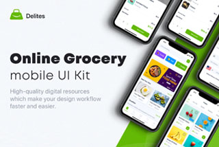 33+屏在线杂货食品食物水果购买外卖配送软件APP界面模板套件 Delites – Online Grocery & Recipes UI Kit