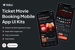 40+屏影院电影票务预定在线购买应用程序APP界面设计Figma模板套件 TikBox – Ticket Movie Booking Mobile App Ui Kits
