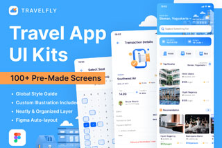 100+屏旅行酒店机票预定应用程序APP用户界面设计Figma模版套件 TravelFly – Travel App UI Kit