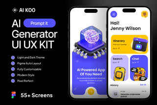 55+屏深色/浅色配色Ai人工智能搜索聊天生成器APP界面设计Figma模板套件 AI KOO – AI Generator Mobile App UI UX KIT