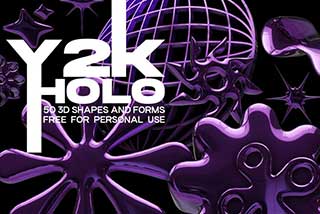 50款复古Y2K风镭射镀铬金属3D抽象艺术PNG免抠图设计素材 Y2K Holo – 3D Shapes