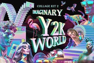 90年代复古Y2K千禧风全息渐变镭射3D金属拼贴艺术背景图片设计素材 Imaginary Y2K world – Collage Kit 2
