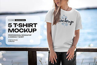 5款女士半袖T恤印花图案展示效果样机模板 5 Mockups T-Shirt on a Girl in the Outdoor