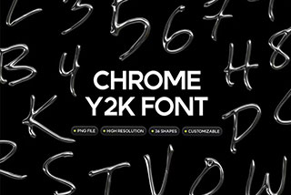 36款复古Y2K风金属镀铬3D立体字体字母数字PNG设计素材 Chrome Y2K Font