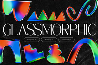 40款3D立体彩虹镭射玻璃水晶几何图形png免抠图片素材3D Glowy Glassmorphic Shapes