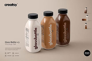 4款饮料果汁咖啡玻外包装璃瓶设计展示效果图PSD样机模板 Glass Bottle Mockup Set v.3