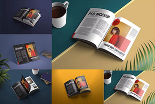 5款A4杂志书籍画册设计展示效果图PSD样机模板 Magazine Spread Mockups