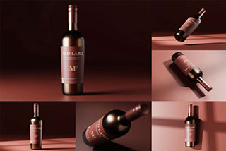 10款葡萄酒红酒玻璃瓶标签设计样机展示效果图PSD模板 Red Label – Wine Bottle Mockups